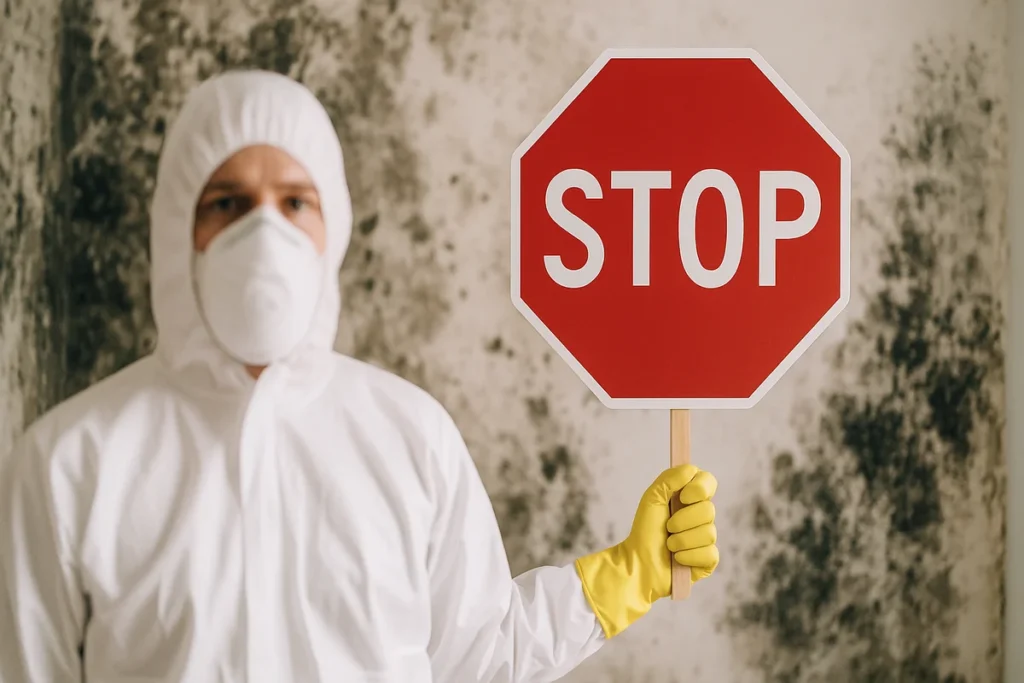 Stopp-Zeichen vor großem Schimmelbefall, der einen Fachbetrieb erfordert.