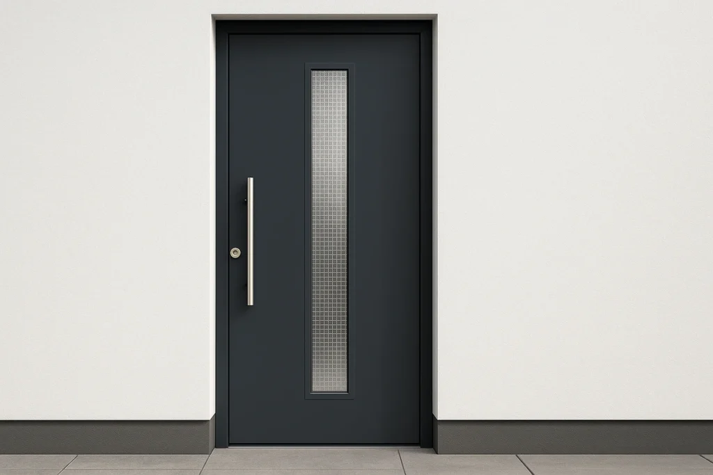 Moderne Haustür mit einem Seitenteil aus Mastercarré-Ornamentglas für ein geometrisches Design.