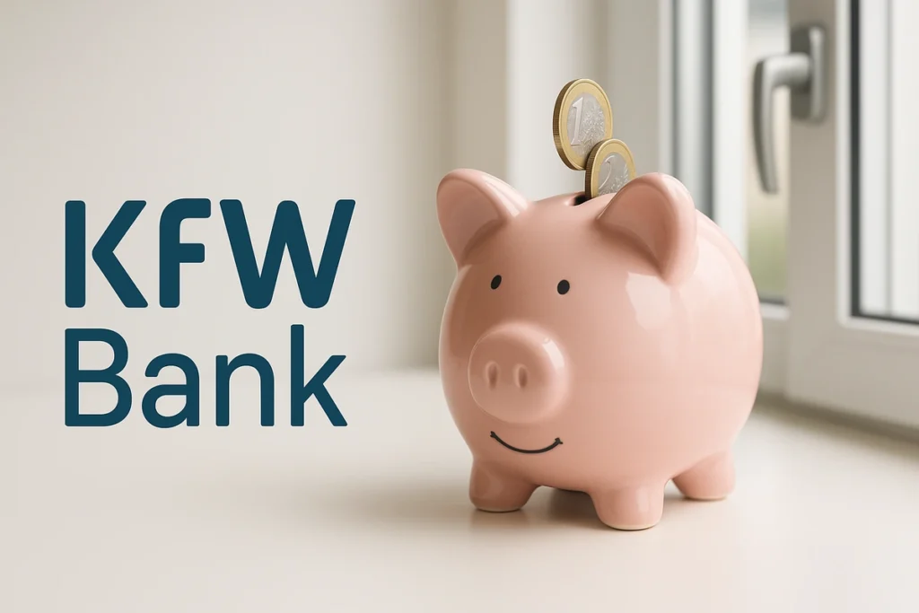 Symbolbild für die KfW-Förderung für Einbruchschutz mit dem KfW-Logo und einem Sparschwein.