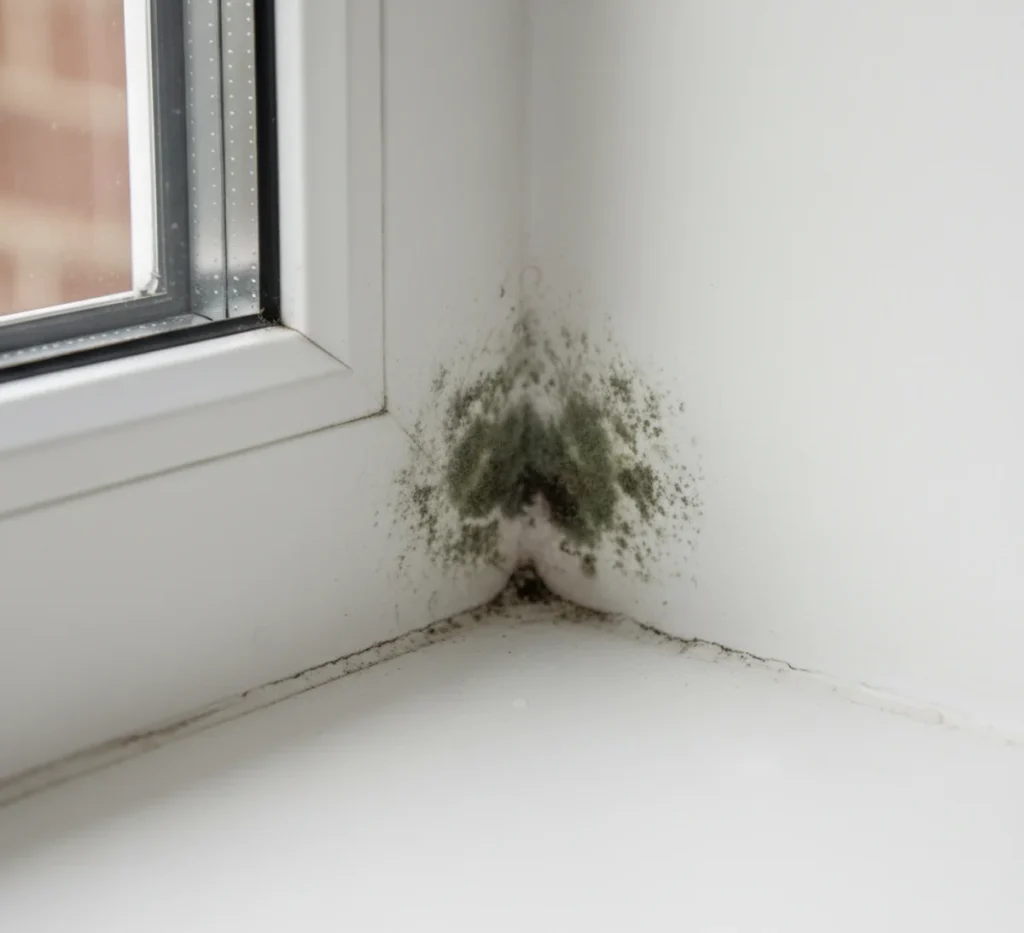 Kleiner, oberflächlicher Schimmelbefall an einer Fensterlaibung.