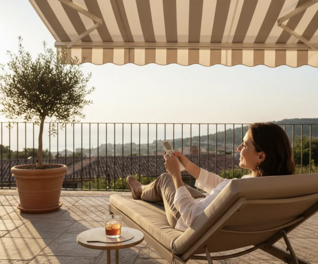 Eine Markise wird bequem per Funkmotor und Fernbedienung gesteuert.