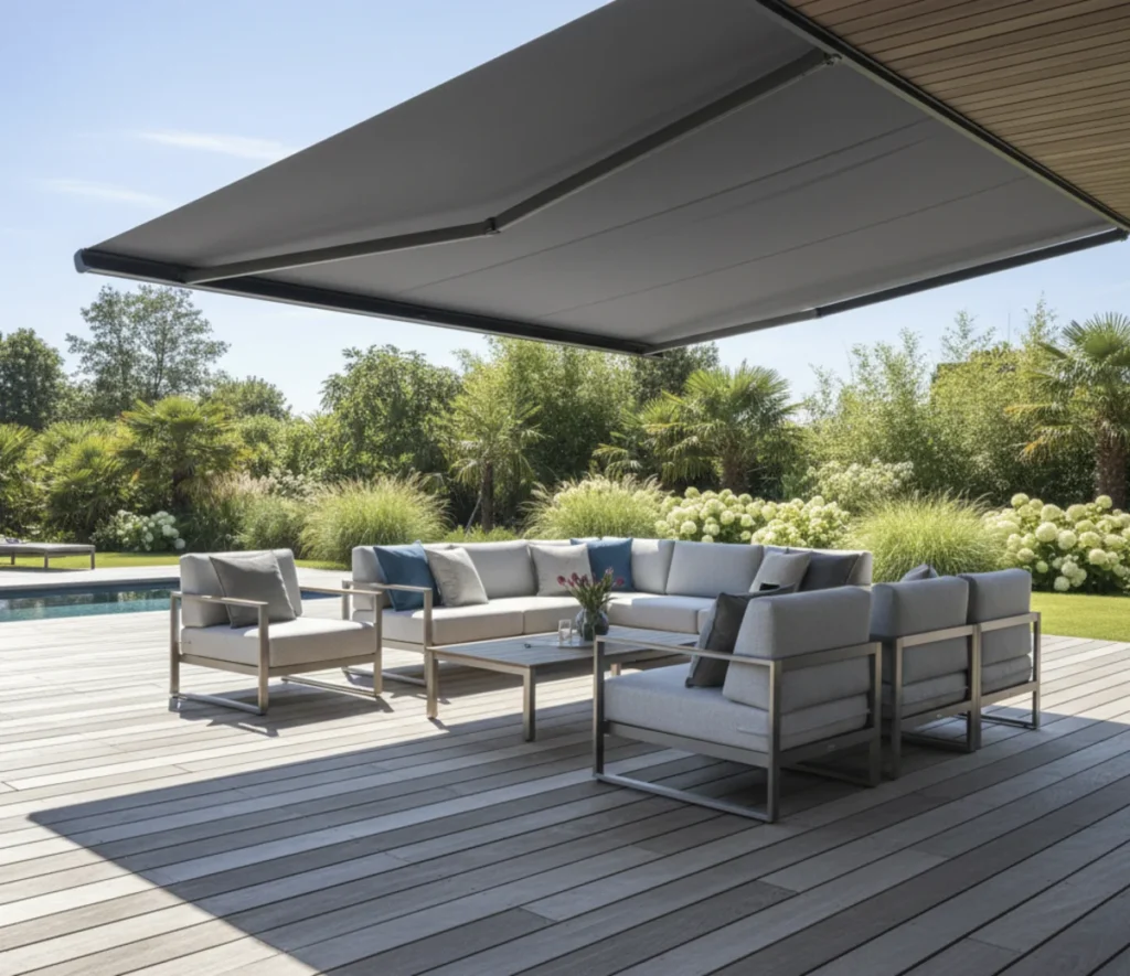Eine moderne Kassettenmarkise spendet angenehmen Schatten auf einer sonnigen Terrasse.