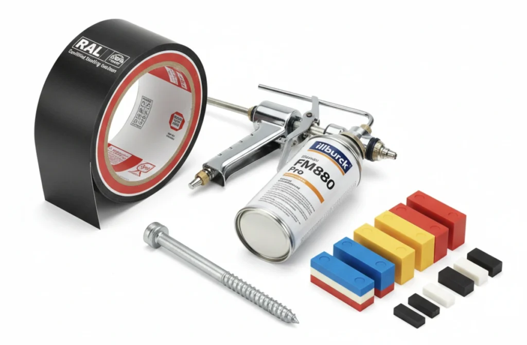 Hochwertige Materialien für die RAL-Fenstermontage: Dichtband, Montageschaum und Tragklötze.