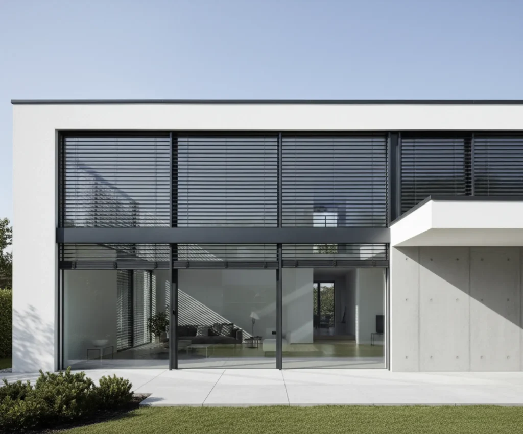 Moderne Raffstoren als eleganter und effektiver Sonnenschutz an einer Hausfassade.