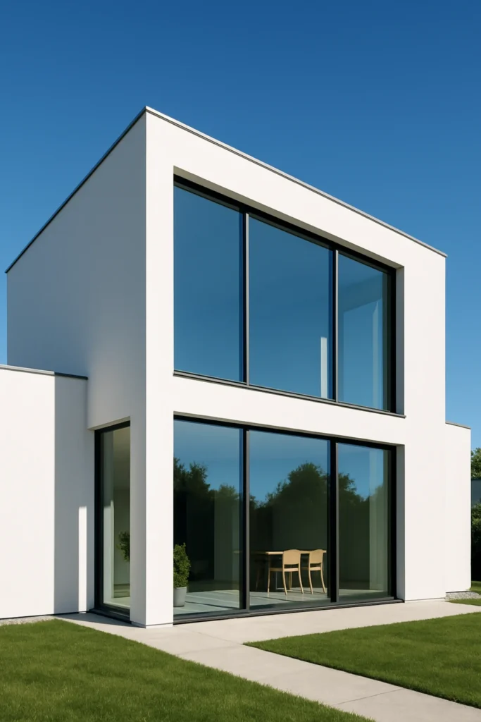 Modernes Passivhaus mit großen, energieeffizienten Passivhausfenstern für maximale solare Gewinne.