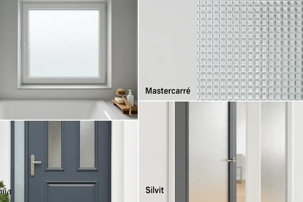 Collage mit verschiedenen Ornamentgläsern im Einsatz, darunter Satinato im Bad und Chinchilla in der Haustür.