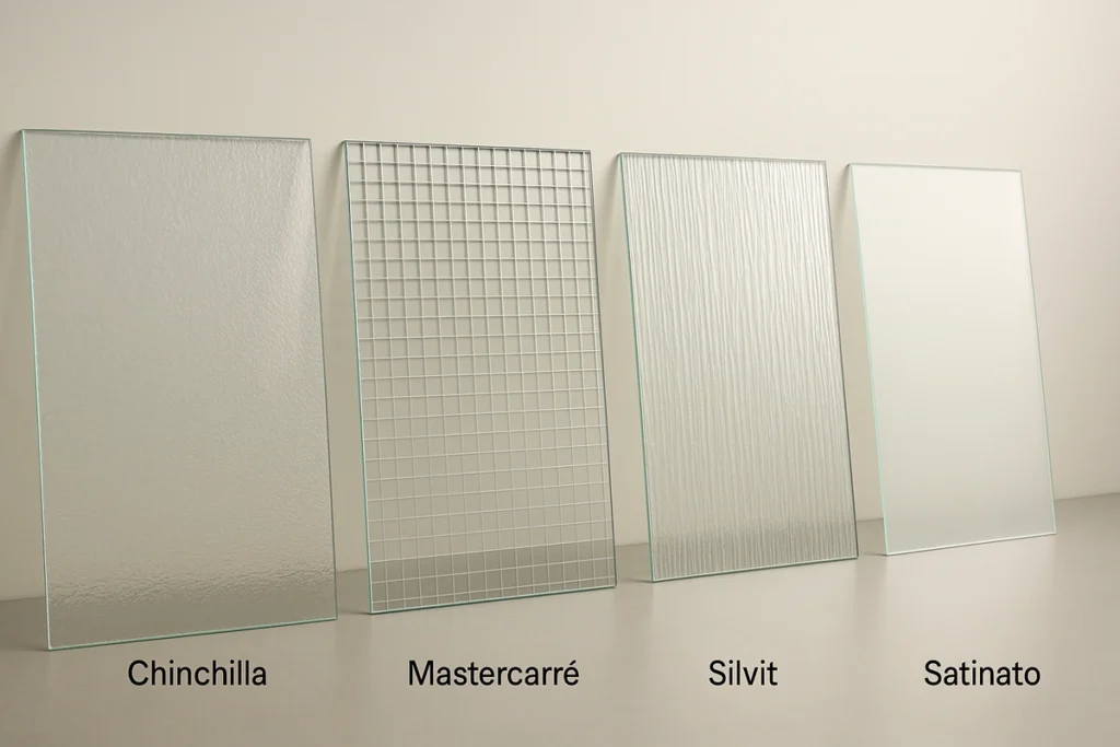 Auswahl verschiedener Ornamentglas-Muster wie Chinchilla, Mastercarré und Satinato im direkten Vergleich.