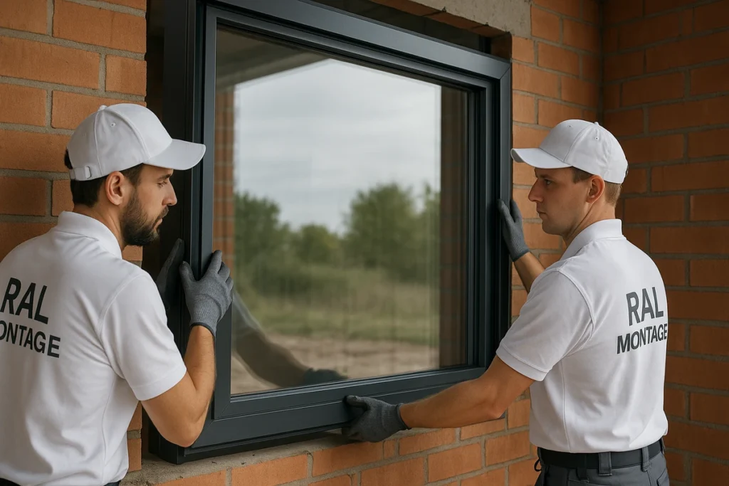 Professionelles Montageteam beim Einbau eines neuen Fensters im Neubau.