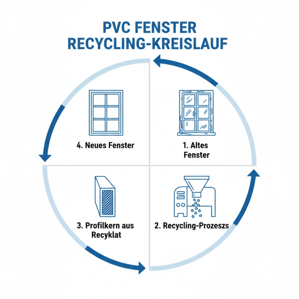Der Recycling-Kreislauf von PVC-Fenstern: Vom alten Fenster zum neuen Profilkern.