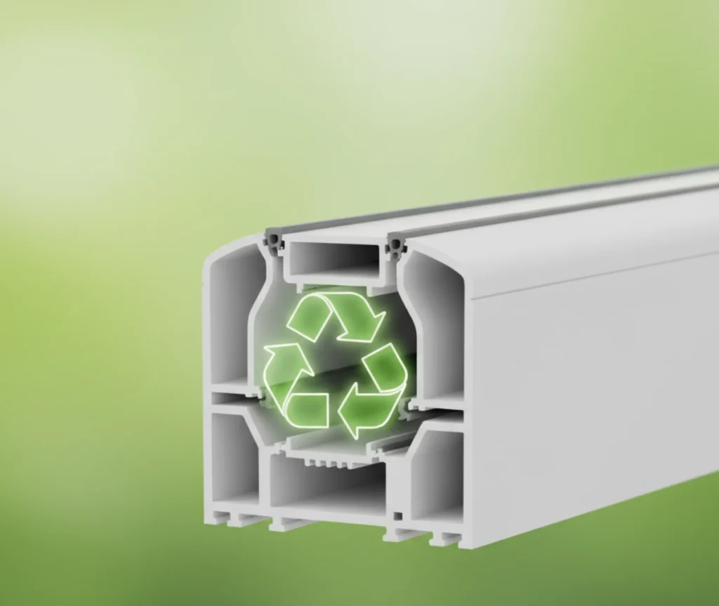 Ein modernes PVC-Fensterprofil mit einem Recycling-Symbol, das Nachhaltigkeit symbolisiert.
