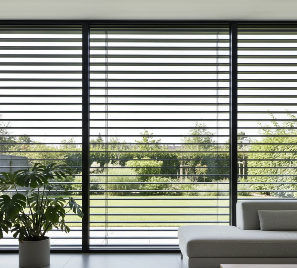 Ein Raffstore lenkt das Tageslicht blendfrei in den Raum und erhält die Sicht nach draußen.