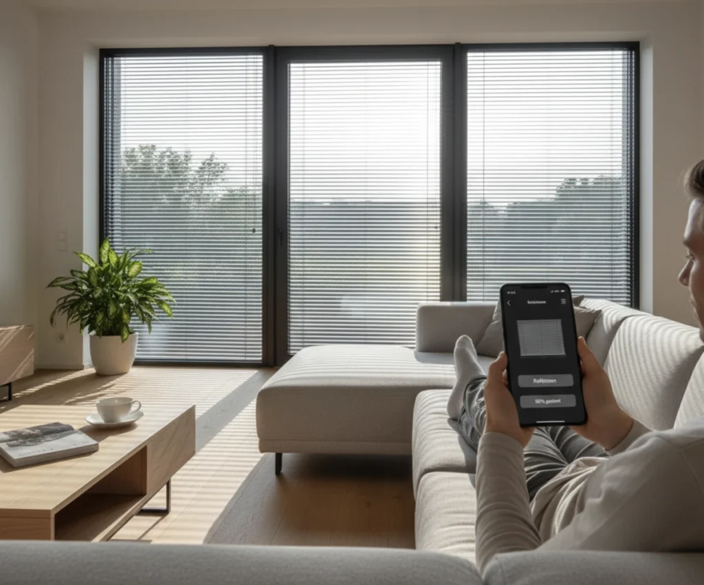Eine Person steuert bequem per Smart Home App die Raffstoren am Fenster.