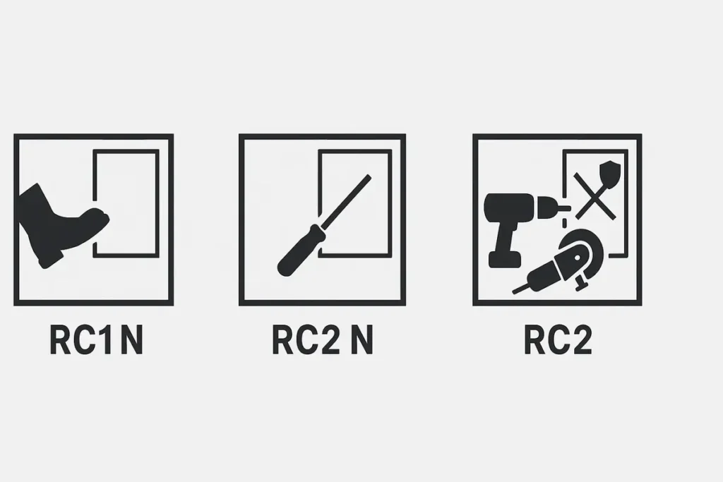 Infografik, die die Unterschiede der Widerstandsklassen RC1 N, RC2 N und RC2 für Fenster erklärt