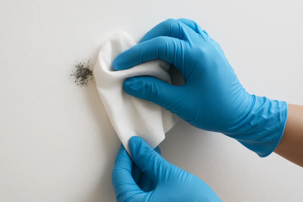 Eine Person mit Handschuhen entfernt sorgfältig Schimmelreste mit einem Einwegtuch.
