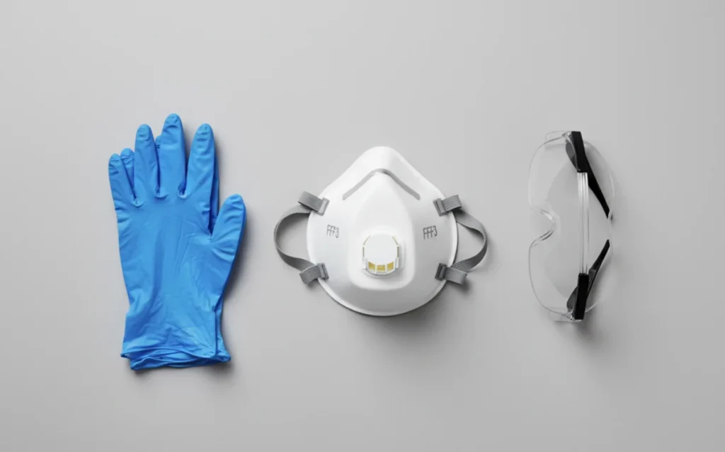 Schutzausrüstung für die sichere Schimmelentfernung: FFP3-Maske, Schutzbrille und Handschuhe.
