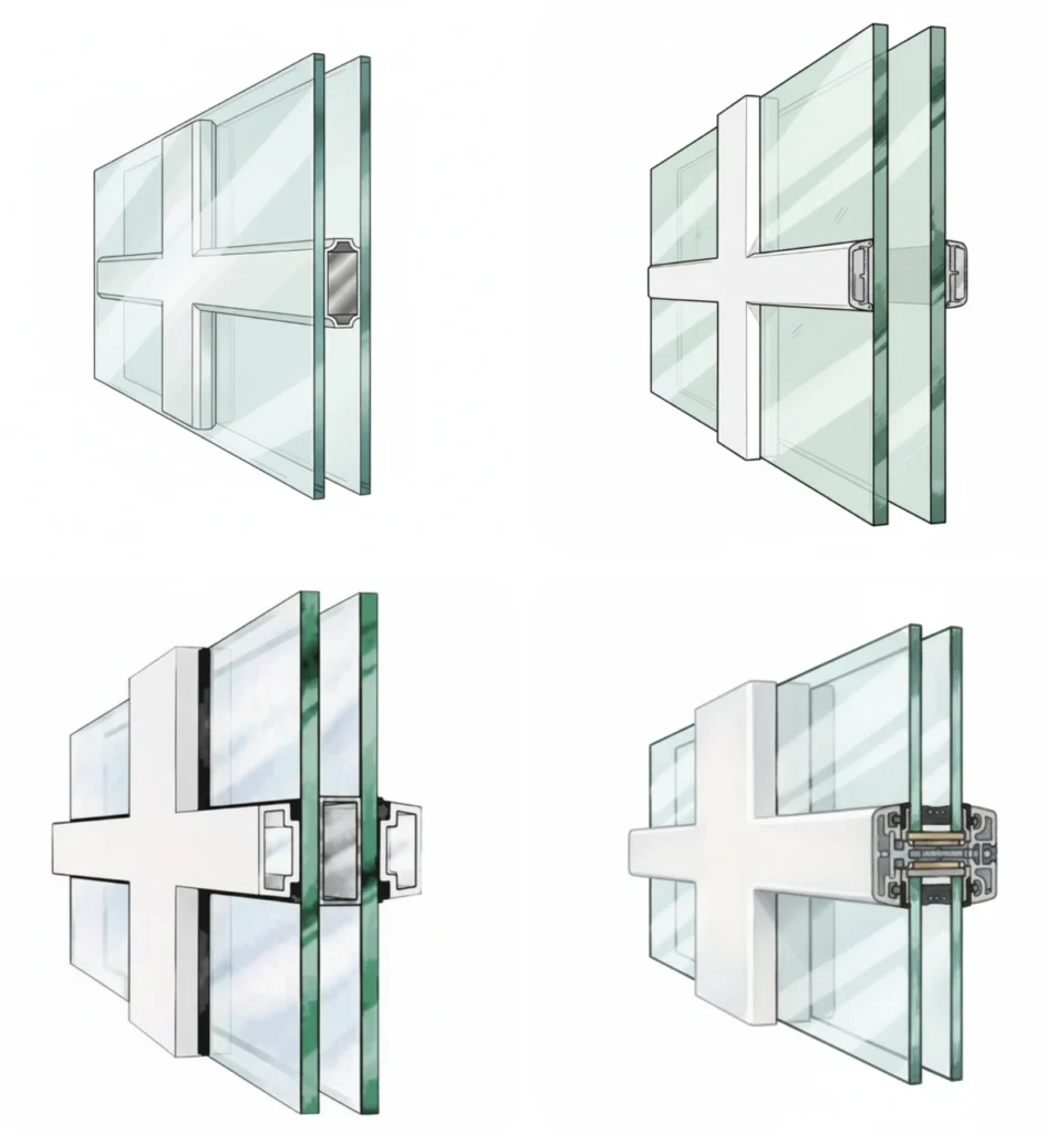 Technischer Vergleich der Sprossenarten: Wiener, innenliegend und glasteilend.