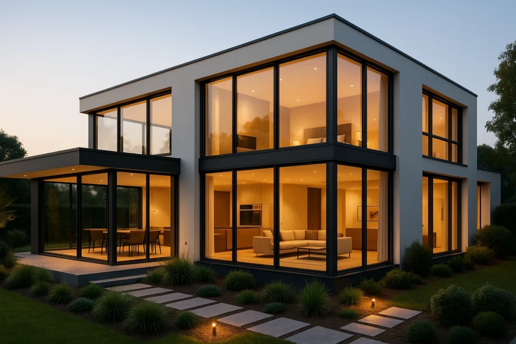 Moderne Villa mit großen Aluminiumfenstern, die die Stabilität des Materials für große Glasflächen zeigen.