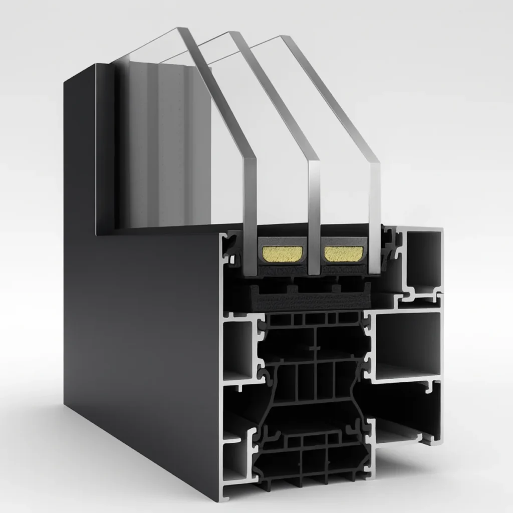 Querschnitt eines modernen Aluminiumfensters mit thermischer Trennung zur Verbesserung der Wärmedämmung.
