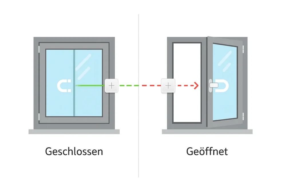 Infografik zur Funktionsweise eines magnetischen Reedkontakts am Fenster.