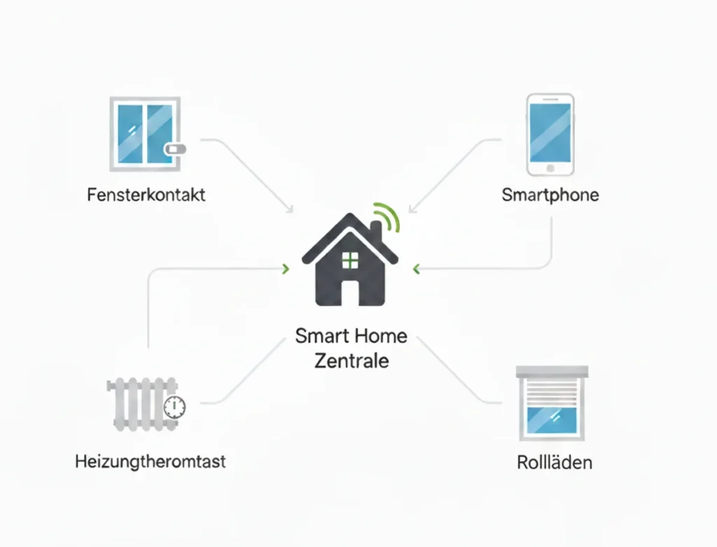 Ein Reedkontakt verbindet das Fenster mit dem Smart Home System zur Steuerung von Heizung und Rollläden