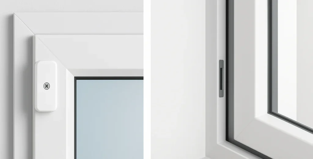 Vergleich zwischen einem sichtbaren Aufschraubkontakt und einem unsichtbaren, verdeckt liegenden Reedkontakt.