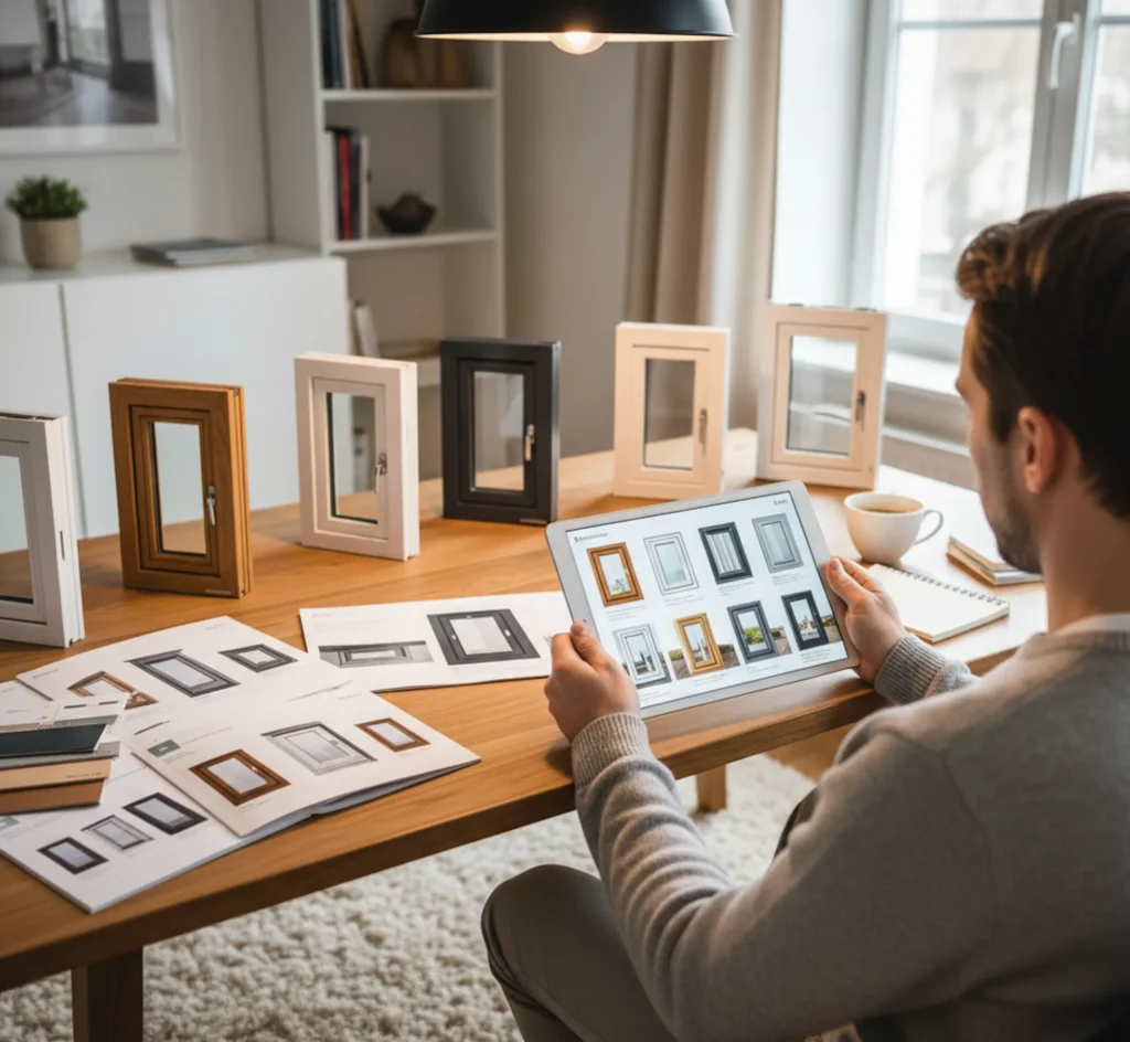 Person recherchiert moderne Fenster und Türen für den Hausbau