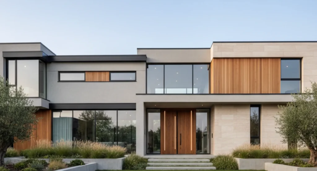 Modernes Haus mit hochwertigen Fenstern und einer eleganten Haustür