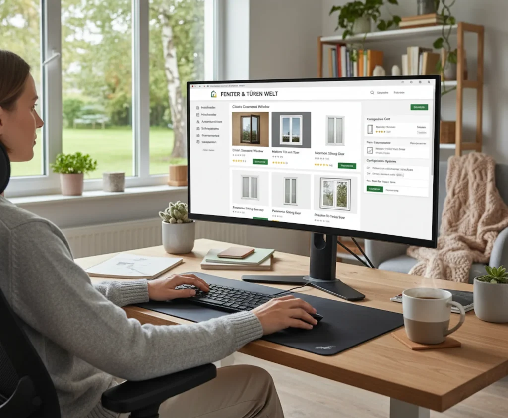 Person konfiguriert und vergleicht Fenster online im Onlineshop