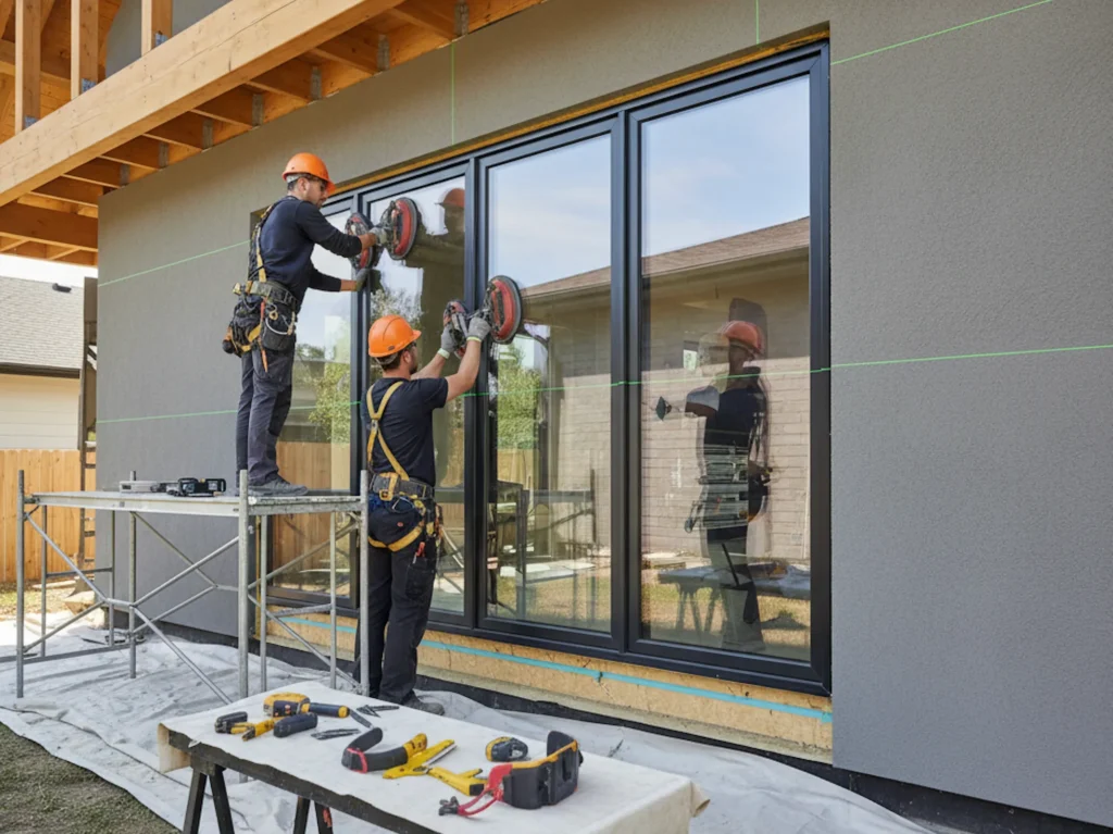 Professionelle Installation eines großen modernen Fensters durch Fensterbauer