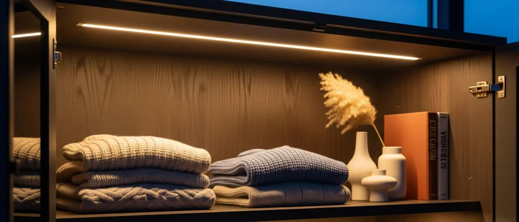 Eine in ein Möbel integrierte LED-Beleuchtung mit Aluminiumprofil und opaler Abdeckung.