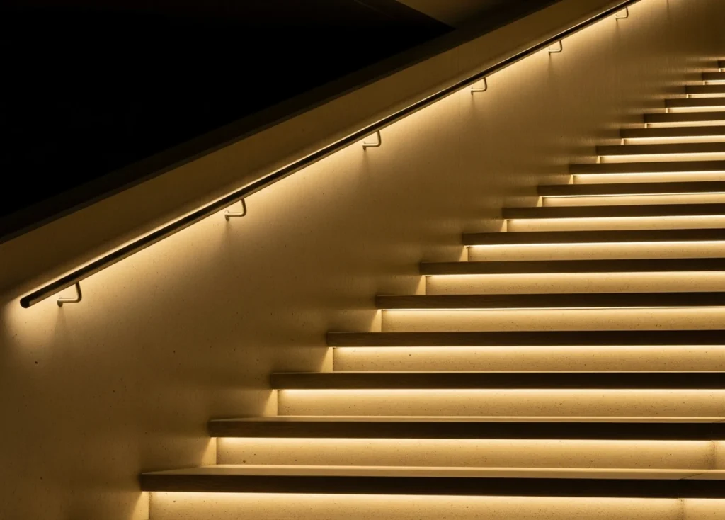 Eine durchgehende LED-Beleuchtung im Handlauf sorgt für sicheres und blendfreies Licht auf der Treppe.