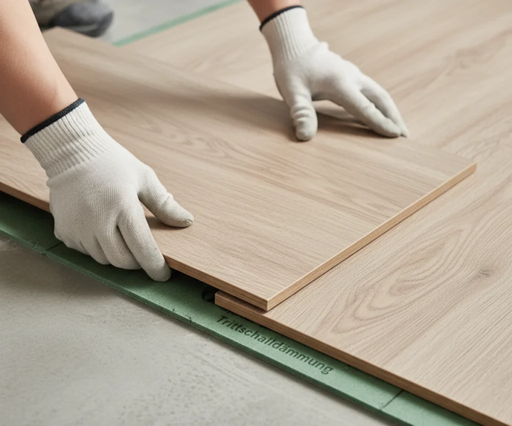 Verlegung von Klick-Vinylboden auf einer grünen Trittschalldämmung.