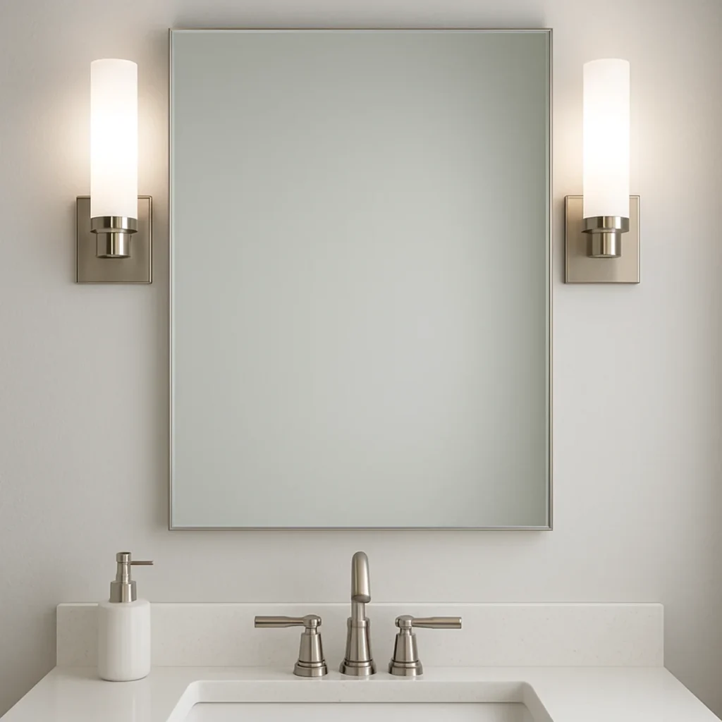 Optimale Badezimmerbeleuchtung mit zwei seitlichen Leuchten am Spiegel für schattenfreies Licht.