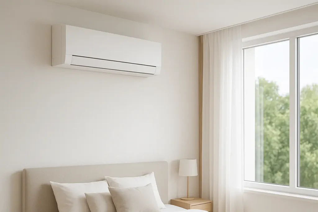 Ein modernes, dezentrales Lüftungsgerät mit Wärmerückgewinnung an der Wand eines sanierten Altbaus