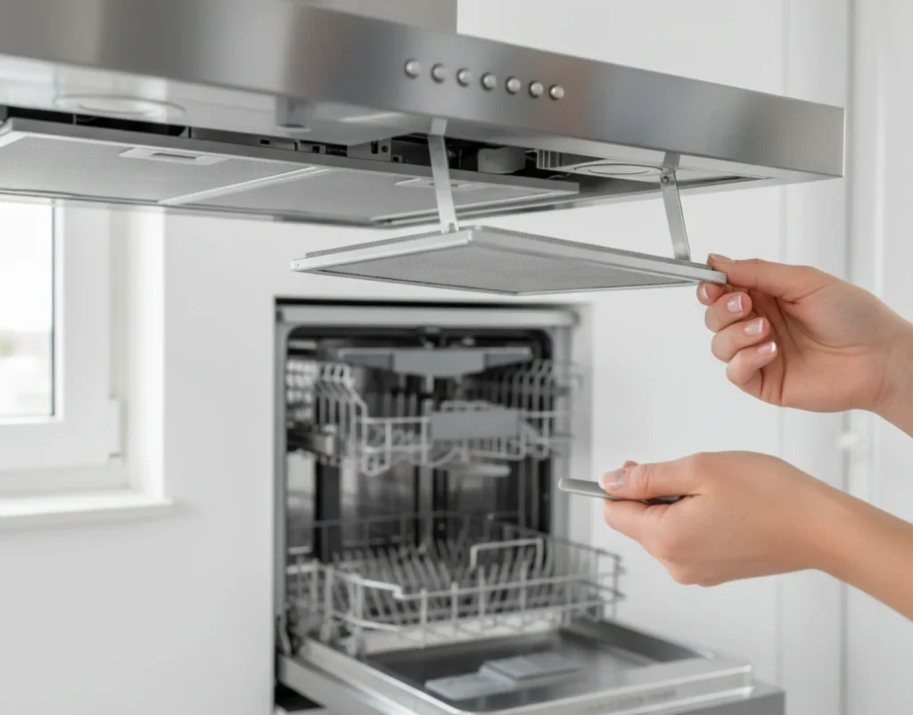 Ein spülmaschinengeeigneter Metallfettfilter einer Dunstabzugshaube wird zur einfachen Reinigung entnommen.