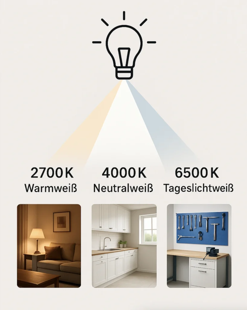 Infografik zur Auswahl der richtigen Lichtfarbe in Kelvin: Warmweiß, Neutralweiß und Tageslichtweiß.