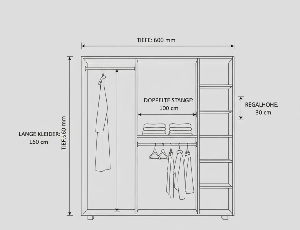 Wichtige ergonomische Maße für die Planung der Innenausstattung eines Einbauschranks.