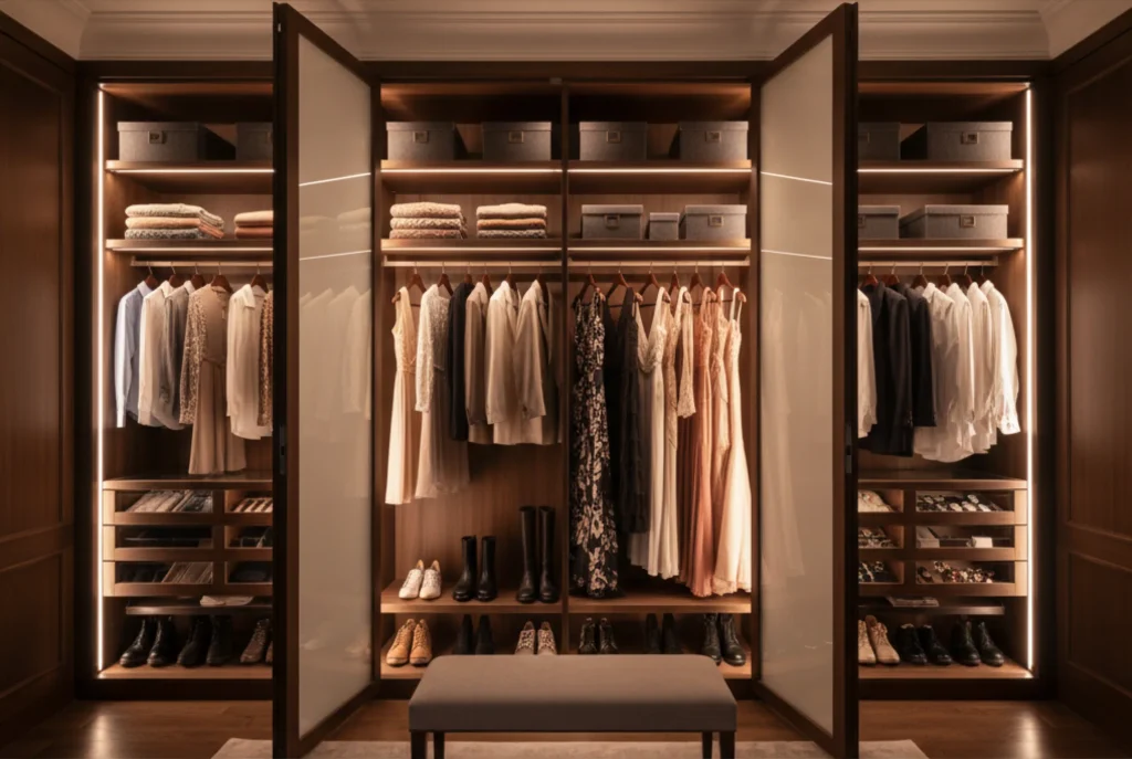 Eine integrierte, vertikale LED-Beleuchtung sorgt für perfekten Überblick im Einbauschrank.