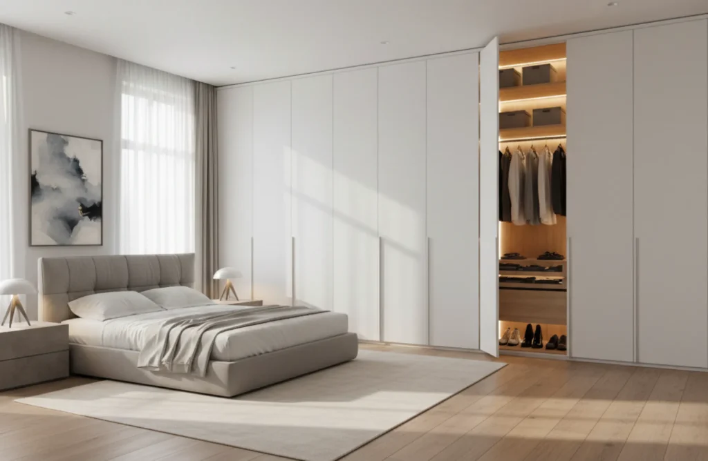 Ein moderner, deckenhoher Einbauschrank nach Maß sorgt für perfekte Ordnung im Schlafzimmer.