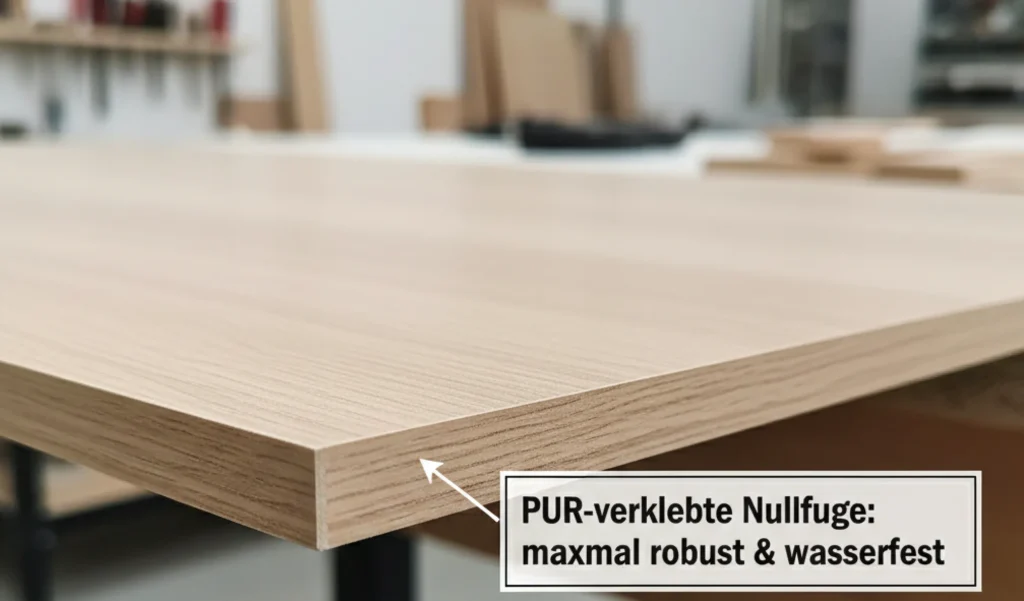 Eine hochwertige, mit PUR-Leim verklebte Nullfugen-Kante an einer Korpusplatte.