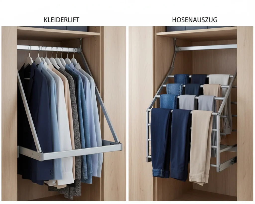 Smarte Innenausstattung wie ein Kleiderlift oder ein Hosenauszug nutzen den Platz im Schrank optimal