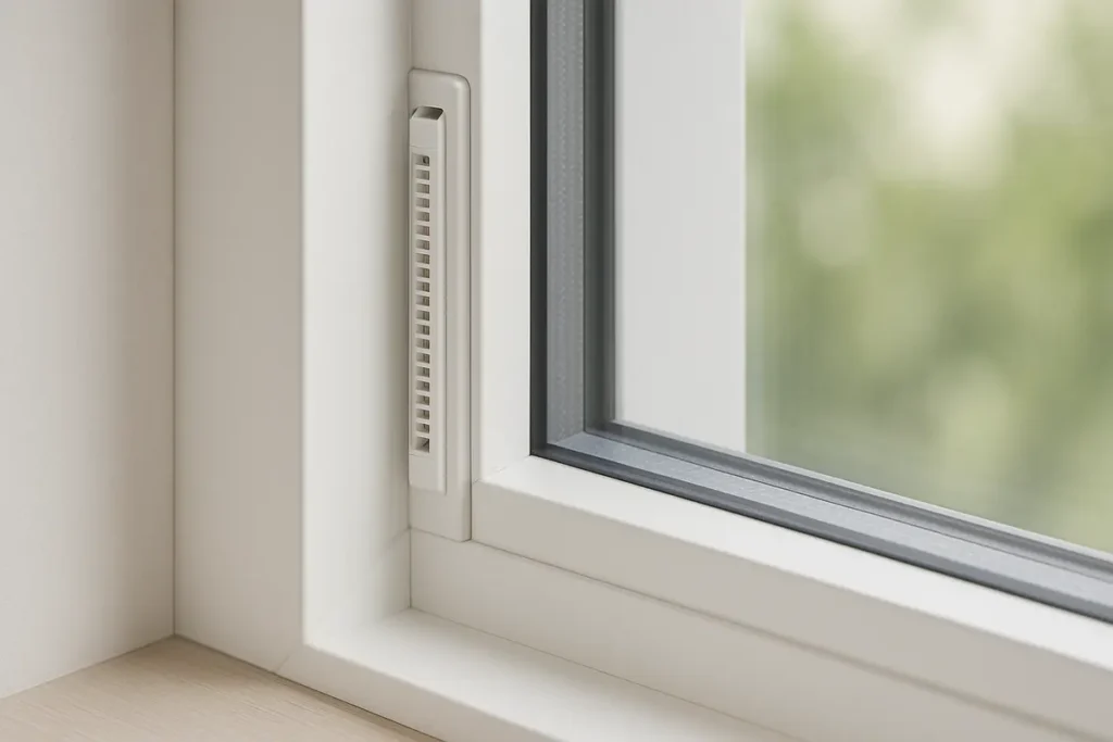 Ein unauffälliger Fensterfalzlüfter zur Grundlüftung im Fensterrahmen.