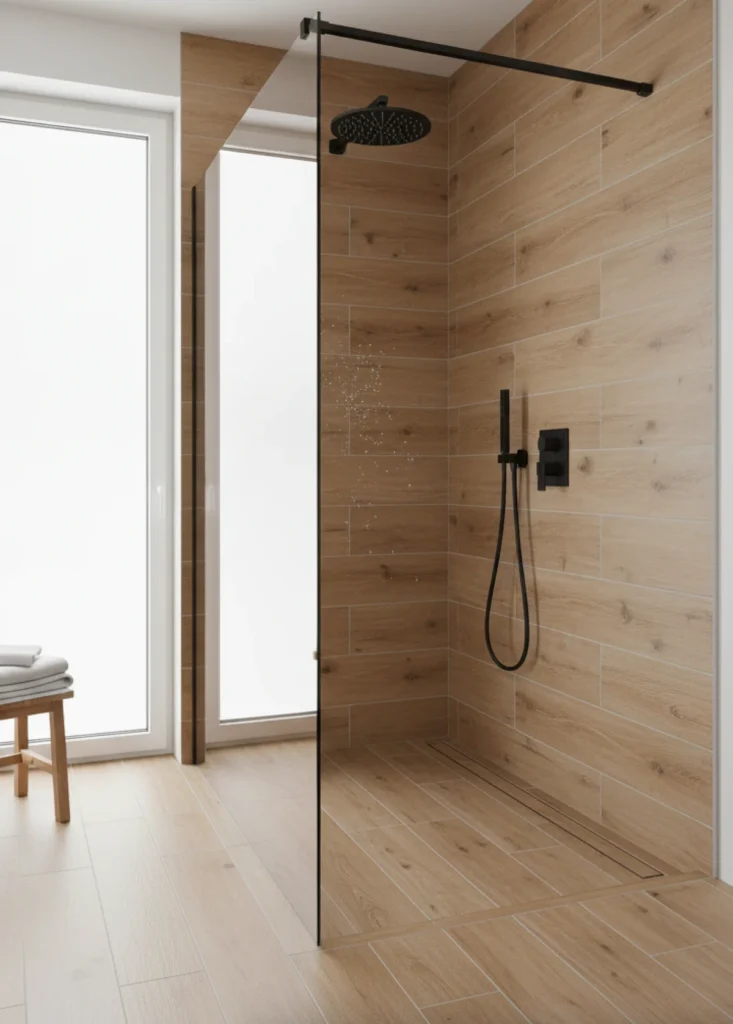 Wasserfeste Fliesen in Holzoptik schaffen eine warme und moderne Atmosphäre im Badezimmer