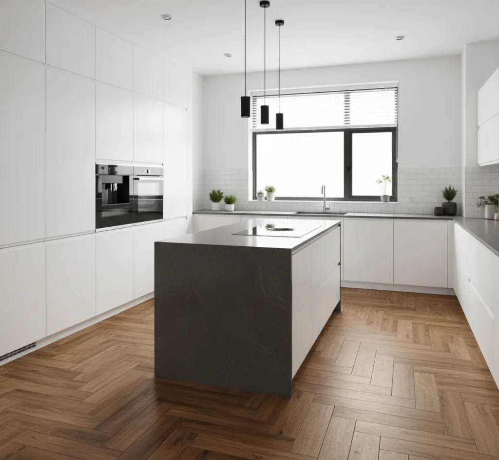 Fliesen in Holzoptik im Fischgrätmuster als stilvoller Bodenbelag in einer modernen Küche.