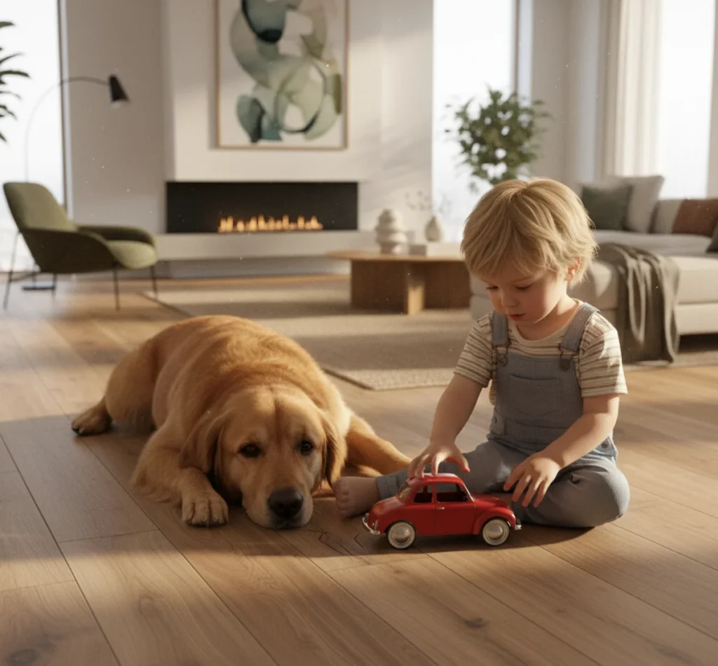 Fliesen in Holzoptik sind robust und kratzfest, ideal für Familien mit Kindern und Haustieren.