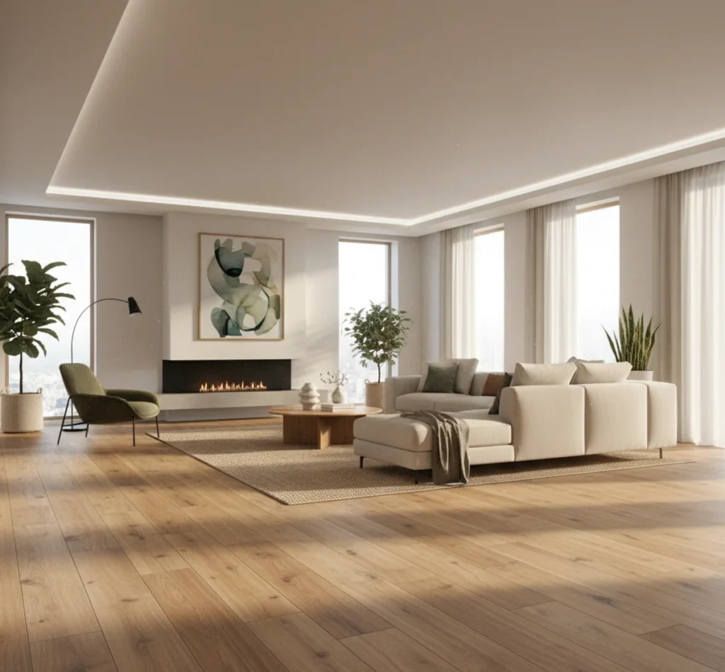 Ein heller Wohnbereich mit einem modernen und pflegeleichten Boden aus Fliesen in Holzoptik.