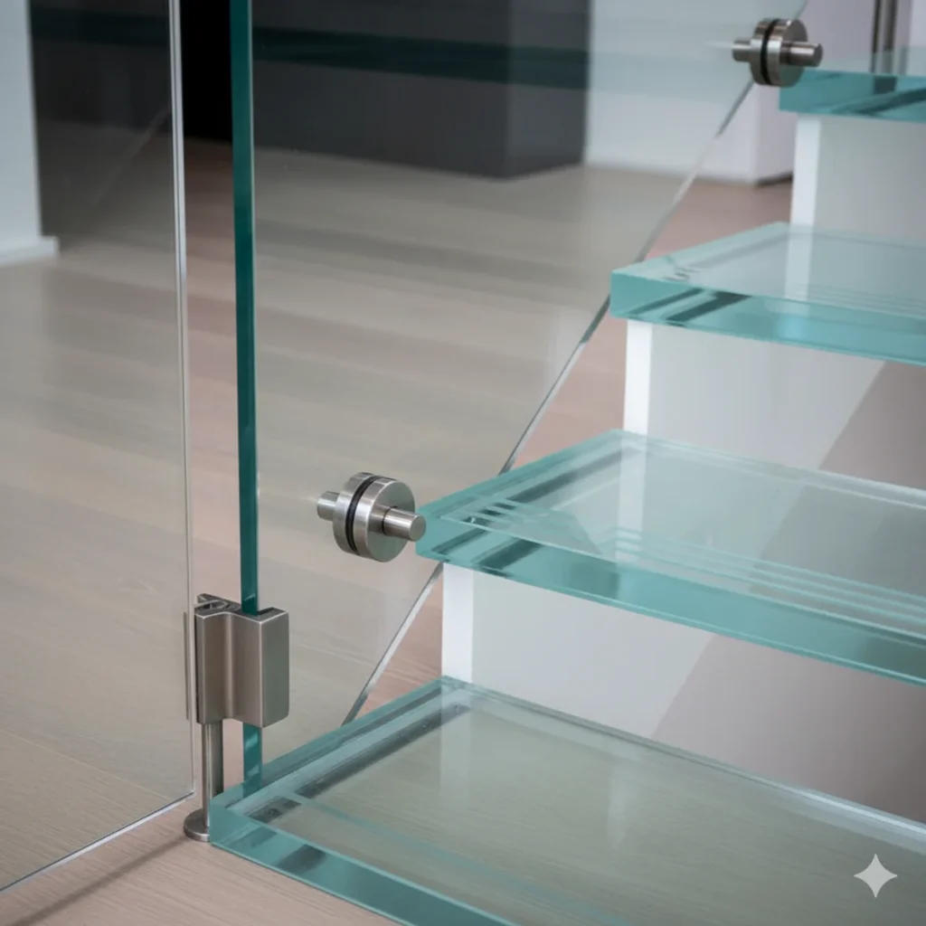 Hochwertige Edelstahl-Punkthalterung eines Ganzglasgeländers an einer Glastreppe.