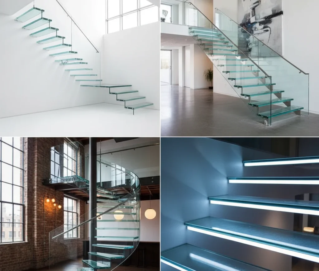 Collage mit verschiedenen Design-Möglichkeiten für moderne Glastreppen.