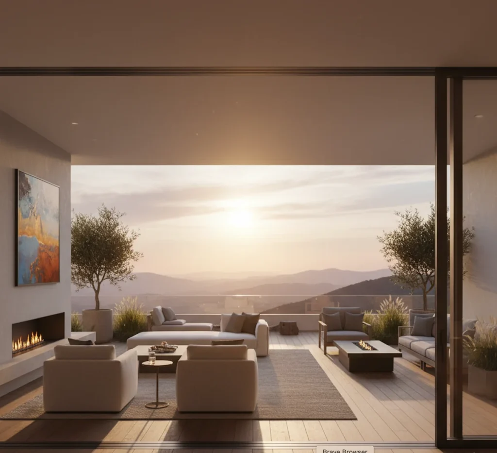 Eine große, offene Schiebetür verbindet den Wohnraum mit der Terrasse.