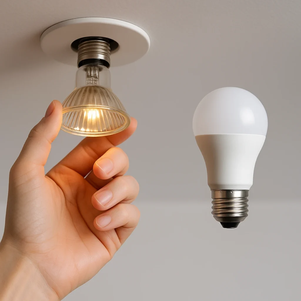 Eine Person rüstet eine alte Halogenlampe einfach auf eine neue, sparsame LED-Lampe um.